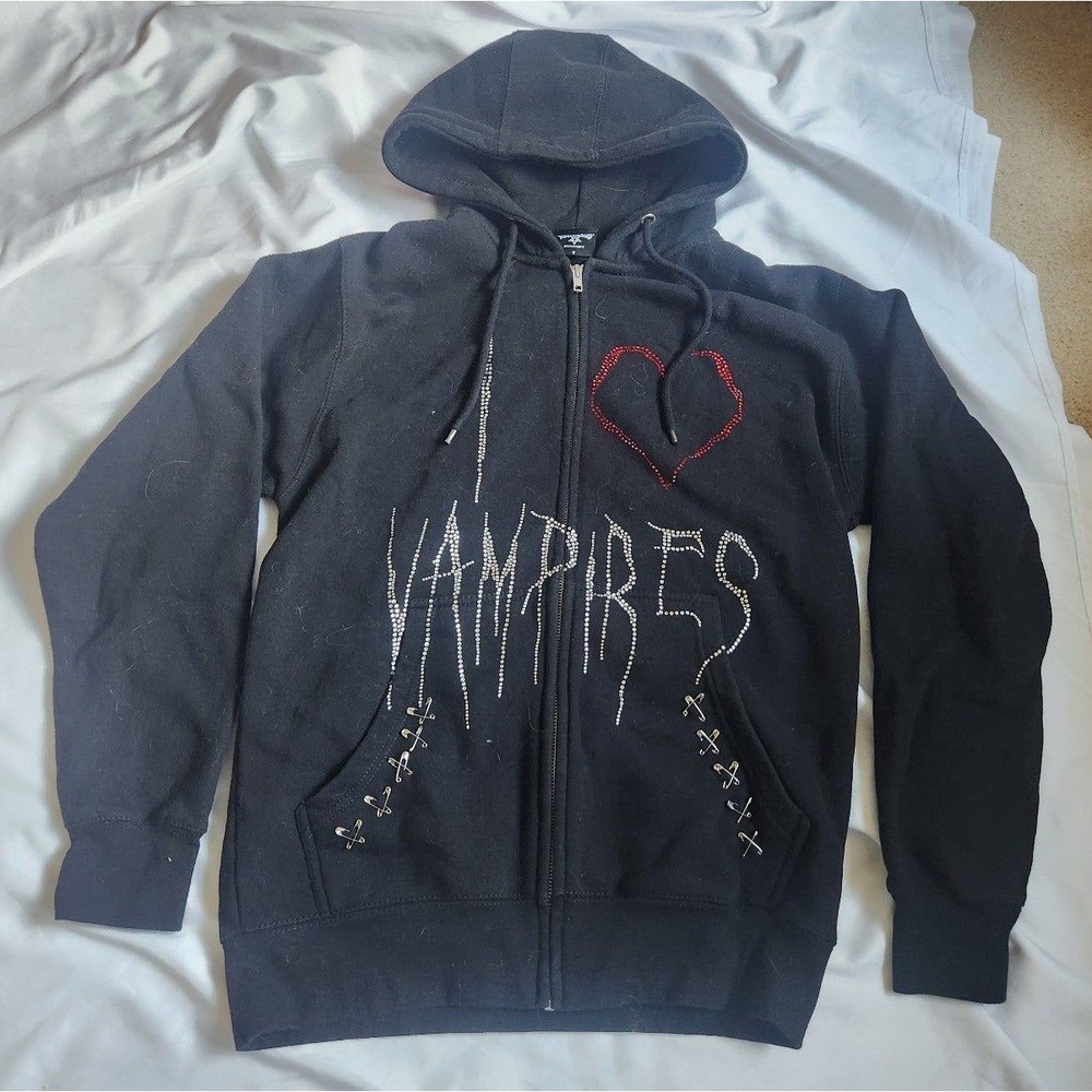 Punx n Kisses I Heart Vampires Rhinestone Zip Up Hoodie Size Medium